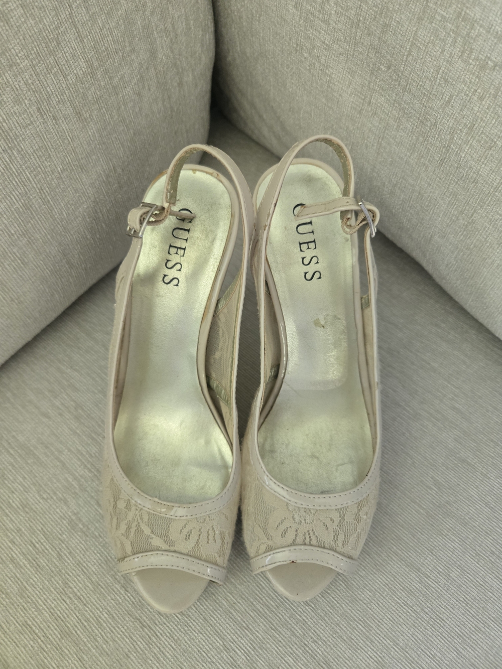 GUESS Beige Lace Peep-Toe Slingback Heels